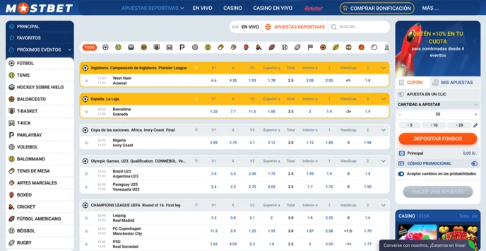 Línea de apuestas de Mostbet